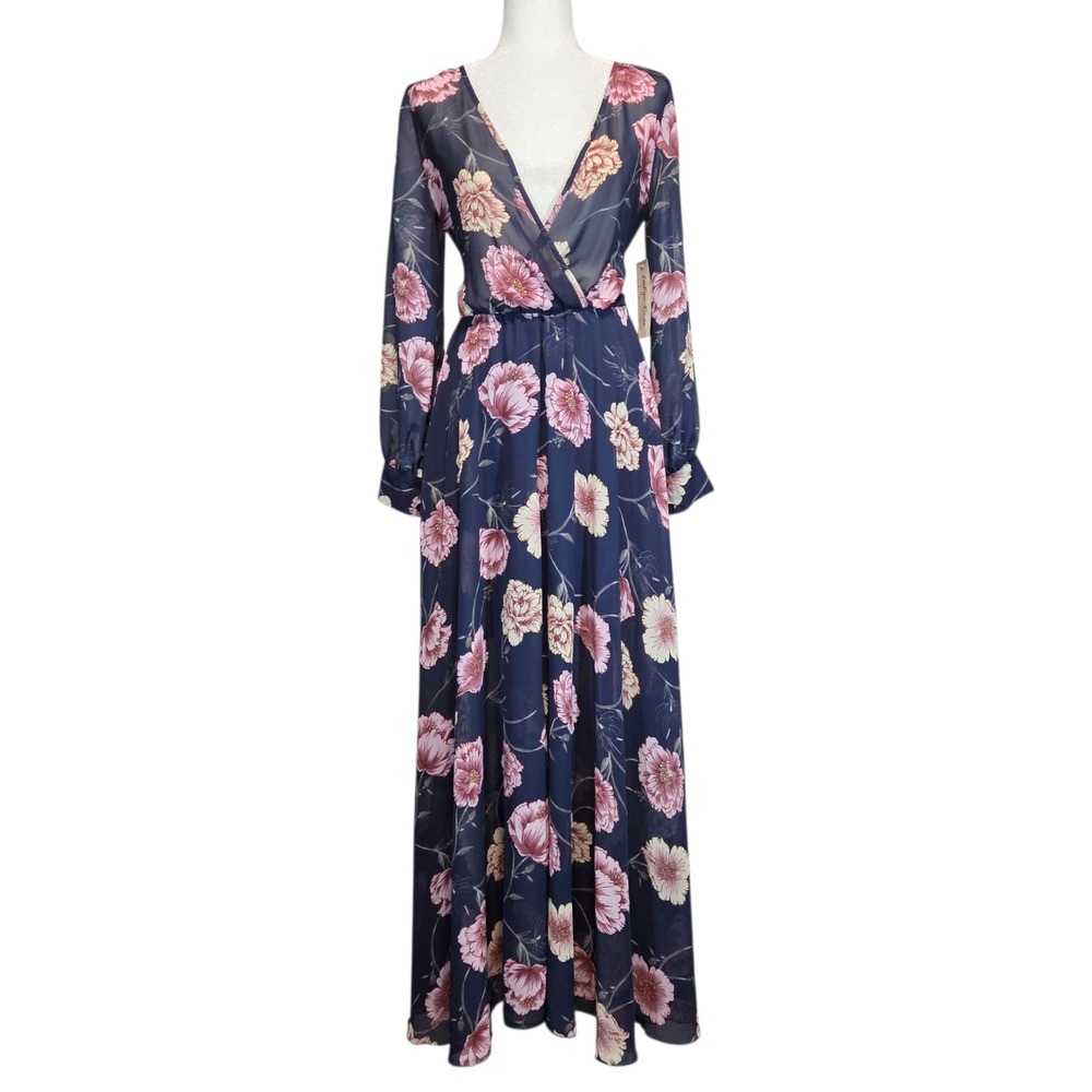 Indigo‎ Rose Sheer Dark Floral Maxi Dress Wrap Boho Long Sleeve Womens Small NWT